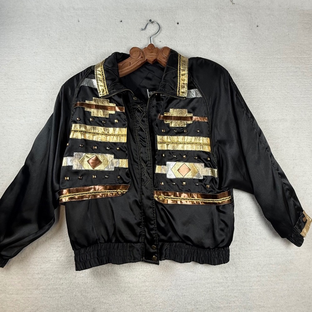 Indications VTG 80s Black Satin Bomber Jacket Studded M Glam Michael jackson